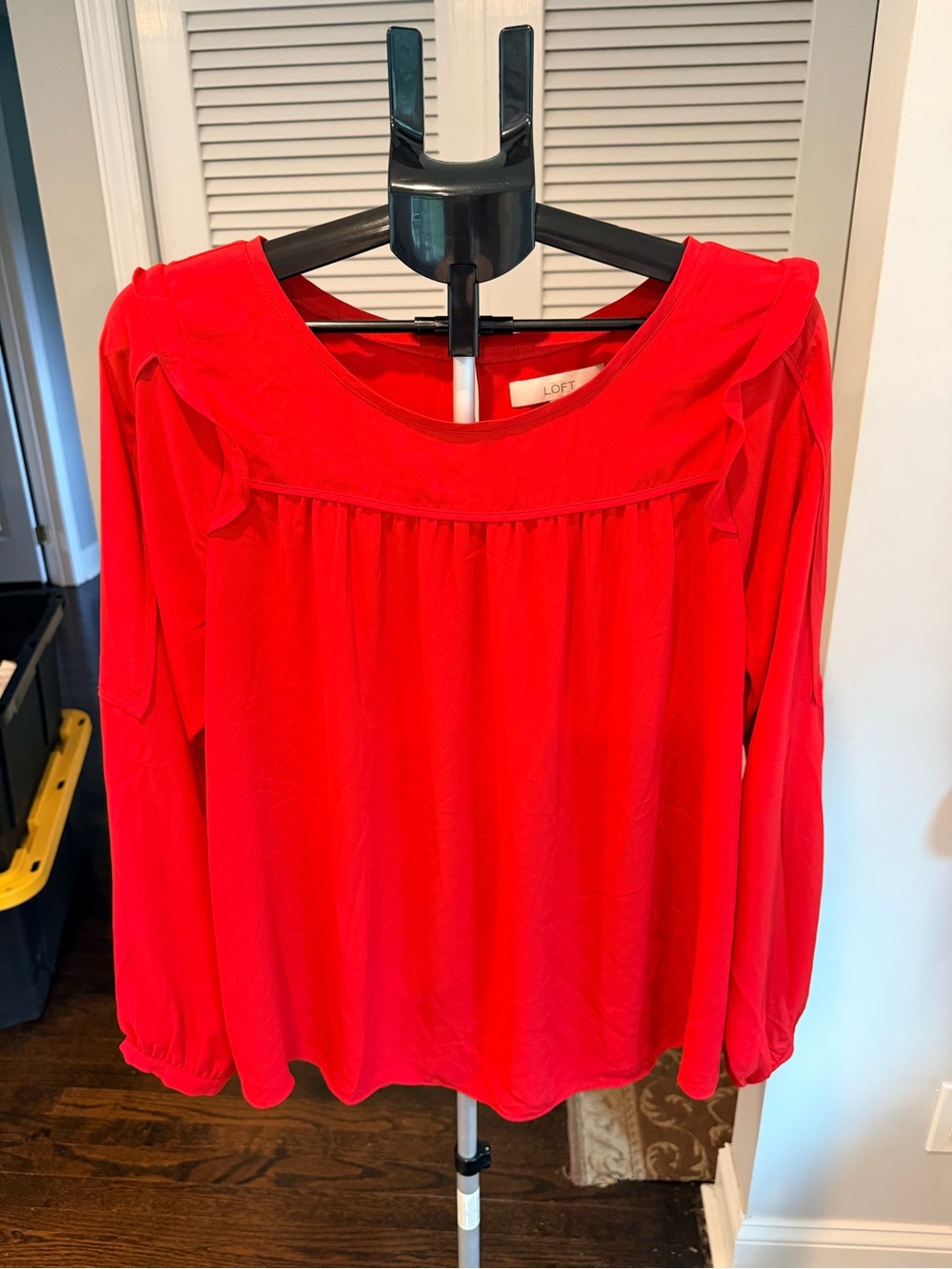 LOFT Bright Red Long-Sleeve Ruffle Yoke Blouse